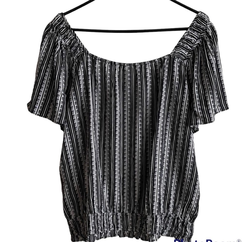 CLEARANCE! I.N. STUDIO BLACK AND WHITE STRIPES PXL OFF SHOULDER BLOUSE